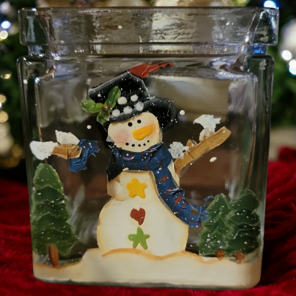 Vtg Snowman Square Heavy Clear Glass Candle Container Jar Pot